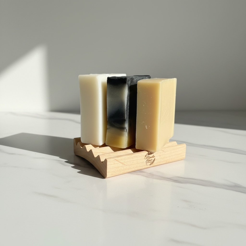 Made New Naturals tallow soap bars on wood soap dish